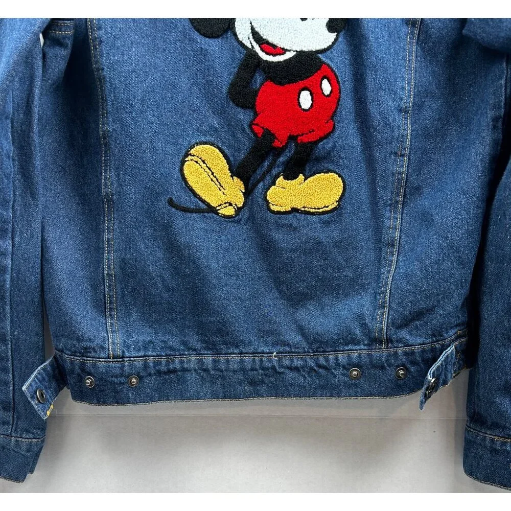 Disney‎ Mickey Mouse Jean Jacket Womens XS Blue Denim Hooded Embroidered Patch